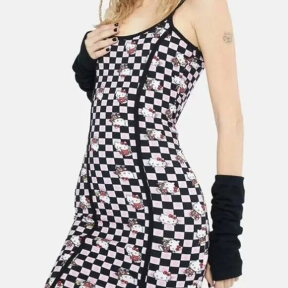 Sanrio Hello Kitty Womens Checkerboard Print Mini Dress Size 10 Strappy Coquette - Picture 3 of 9